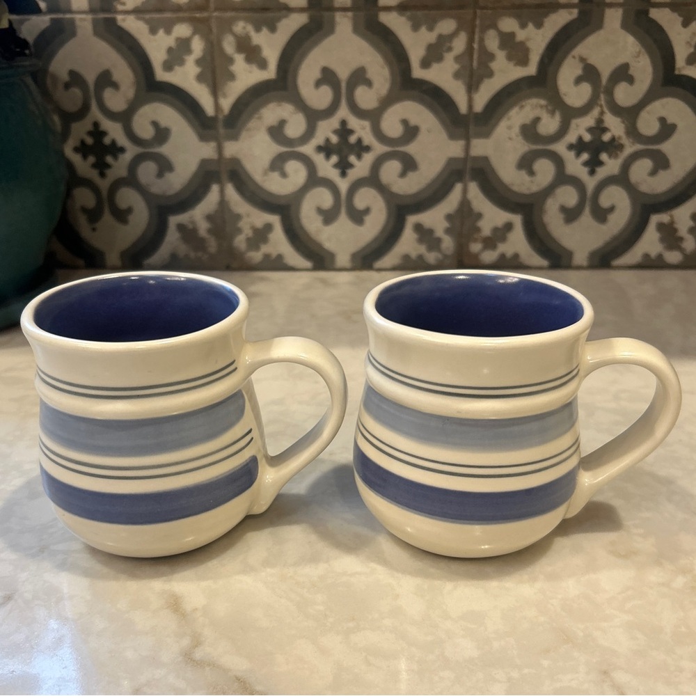 1990s Pfaltzgraff RIO Off White & Blue Stoneware Coffee Mugs-Set of 2 EUC
